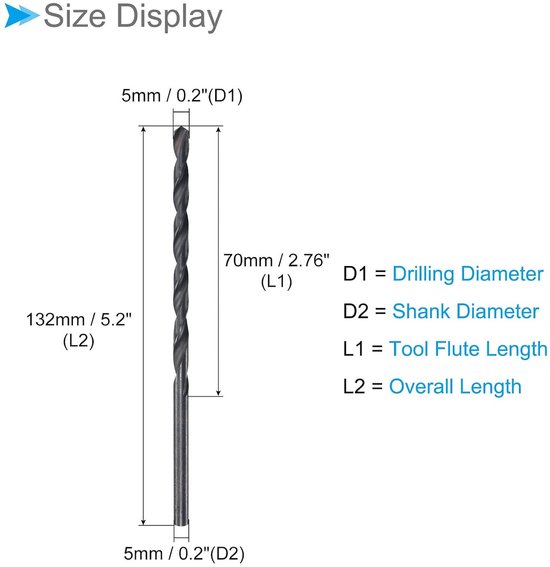 Twist Drill 5mm Drilling Diameter Black Oxide High Quality Steel Extra Long Straight Shank - ShopVlot — afbeelding 5