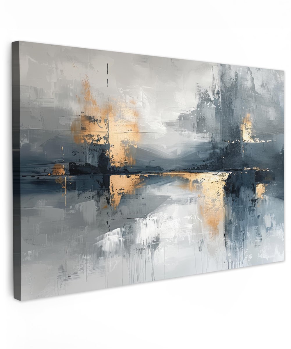 Famanu – Canvas schilderij 120 x 80 cm, muurdecoratie voor woonkamer en slaapkamer, kunst in grijs en goud, abstract ontwerp