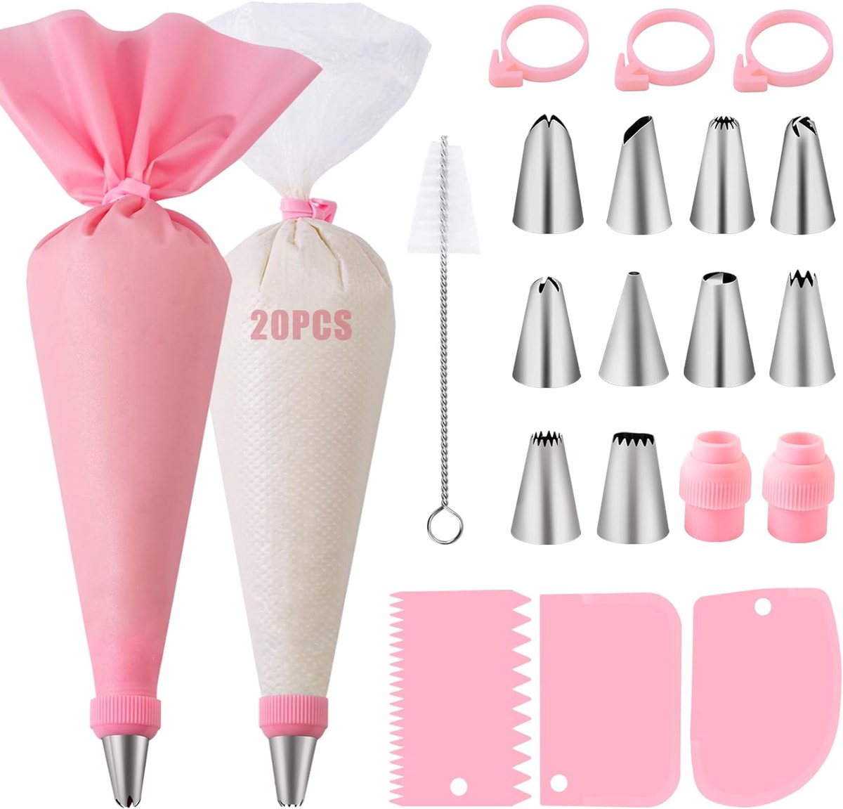 MODFU Spuitmondjes Set – 40 Delig Met Spuitzak & Accessoires – Geschikt voor Taart, Cupcakes & Koekjes – Roestvrij Staal & Siliconen – Roze