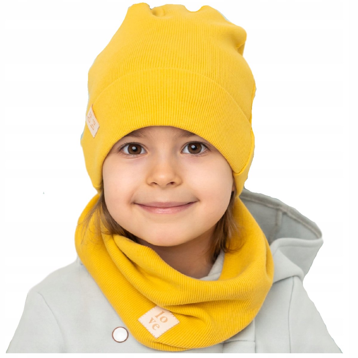 Babymuts met bijpassende colsjaal - katoen, mosterdgeel, 40-46