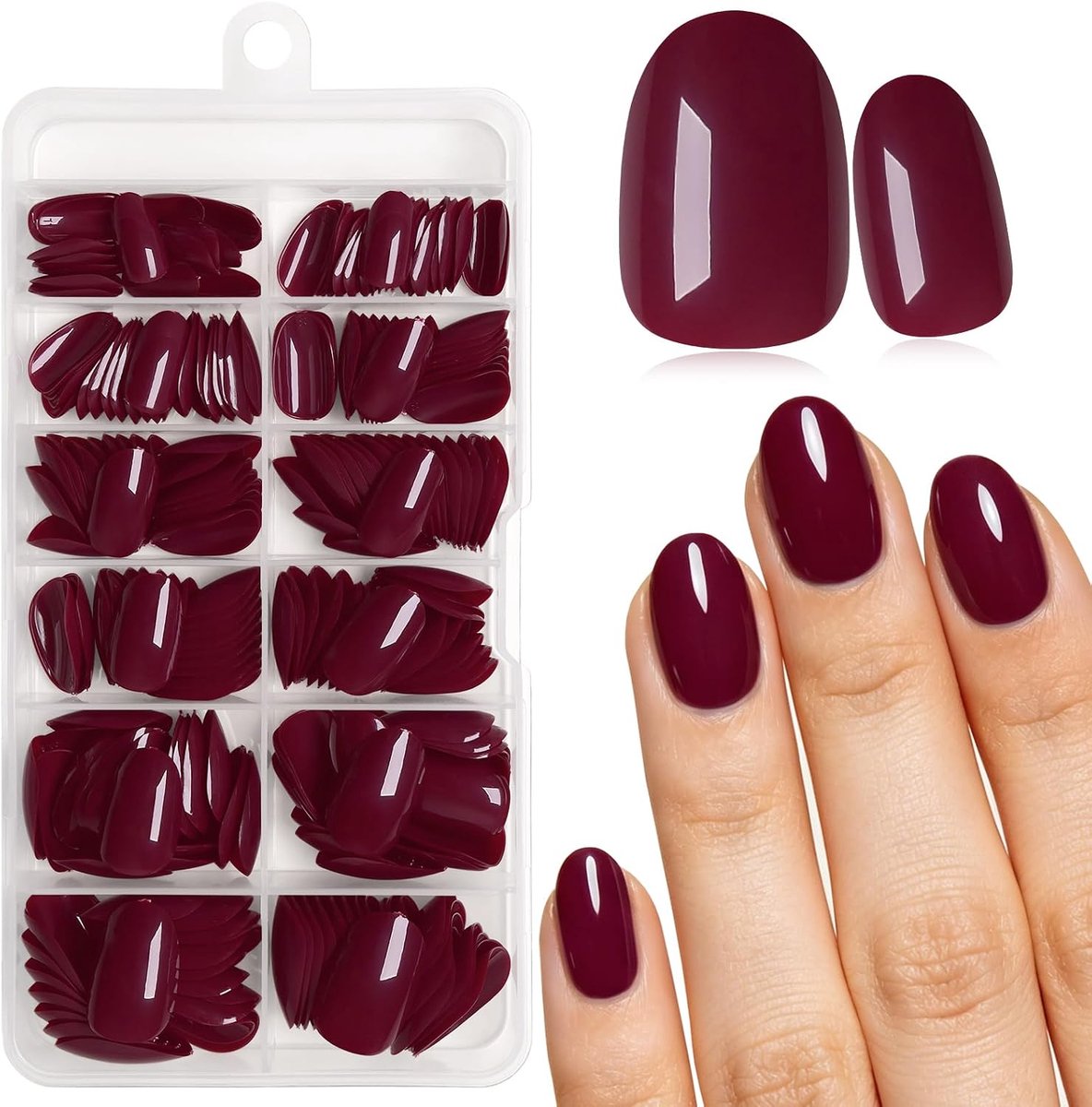 LunarCharm 240 stuks Burgunderrode Press-on-Nagels (kort) met Kleefpads – ovale kunstnagels om op te plakken voor - ShopVlot