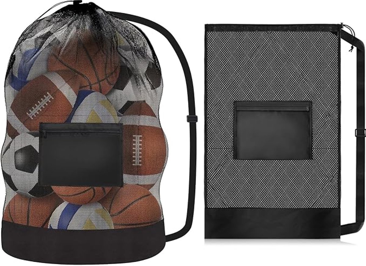 Balzak van mesh met trekkoord - 2 stuks - Opbergtas voor ballen - Grote sportbaltas - Verstelbare schouderband - Opbergtas voor meerdere basketballen en voetballen - 100 x 75 cm - Zwart