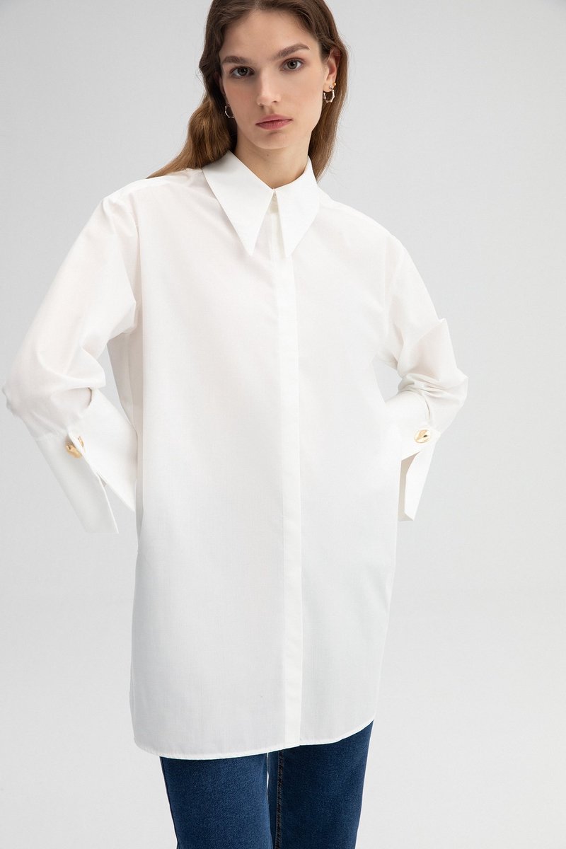Touché Privé - Poplin blouse met brede manchetten - Ecru - Dames