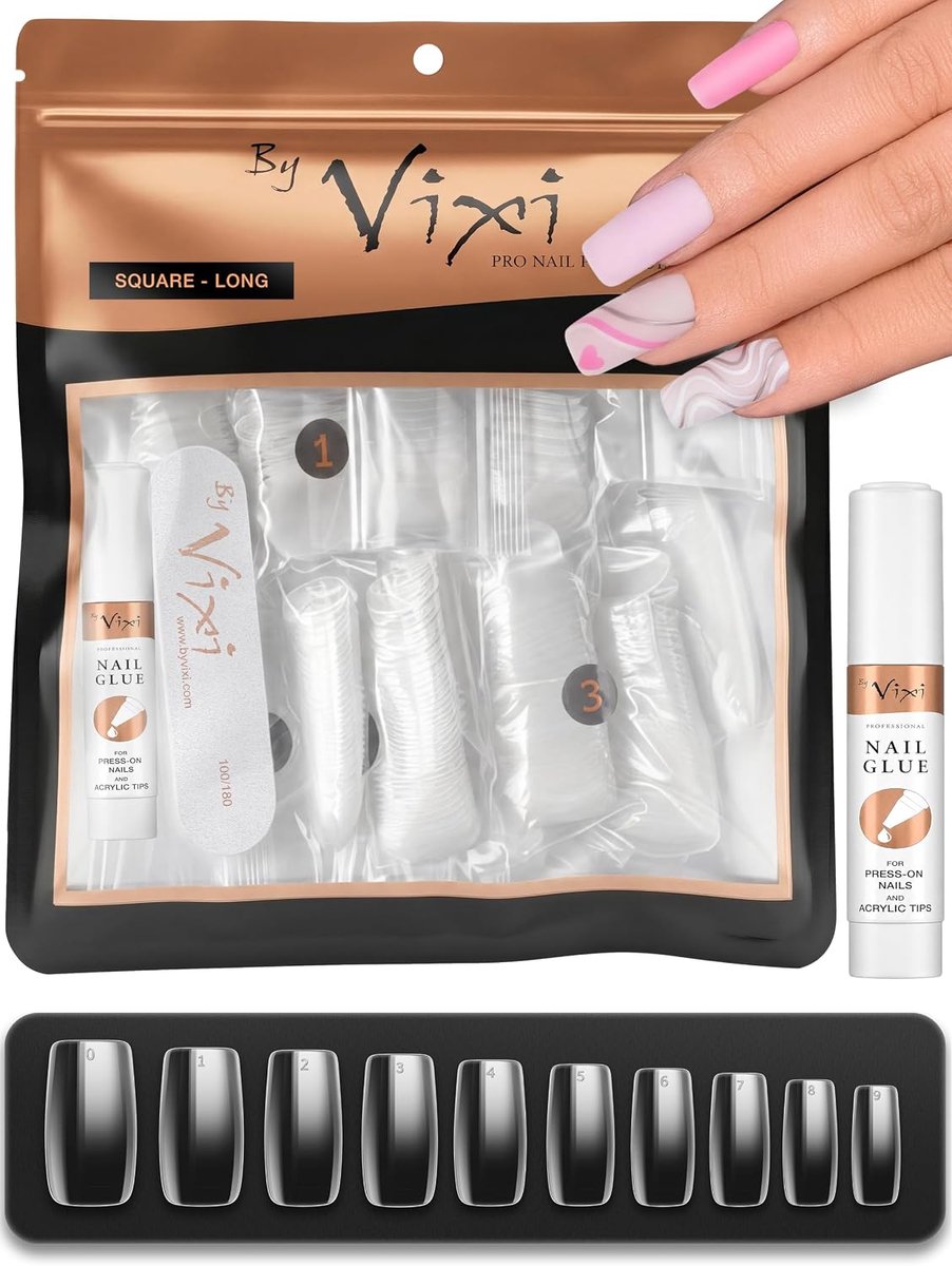 By Vixi 500 LONG SQUARE NAIL SET with PREP FILE, 10 Sizes – Clear, Eye-Catching Full Coverage False Nail Extensions - ShopVlot