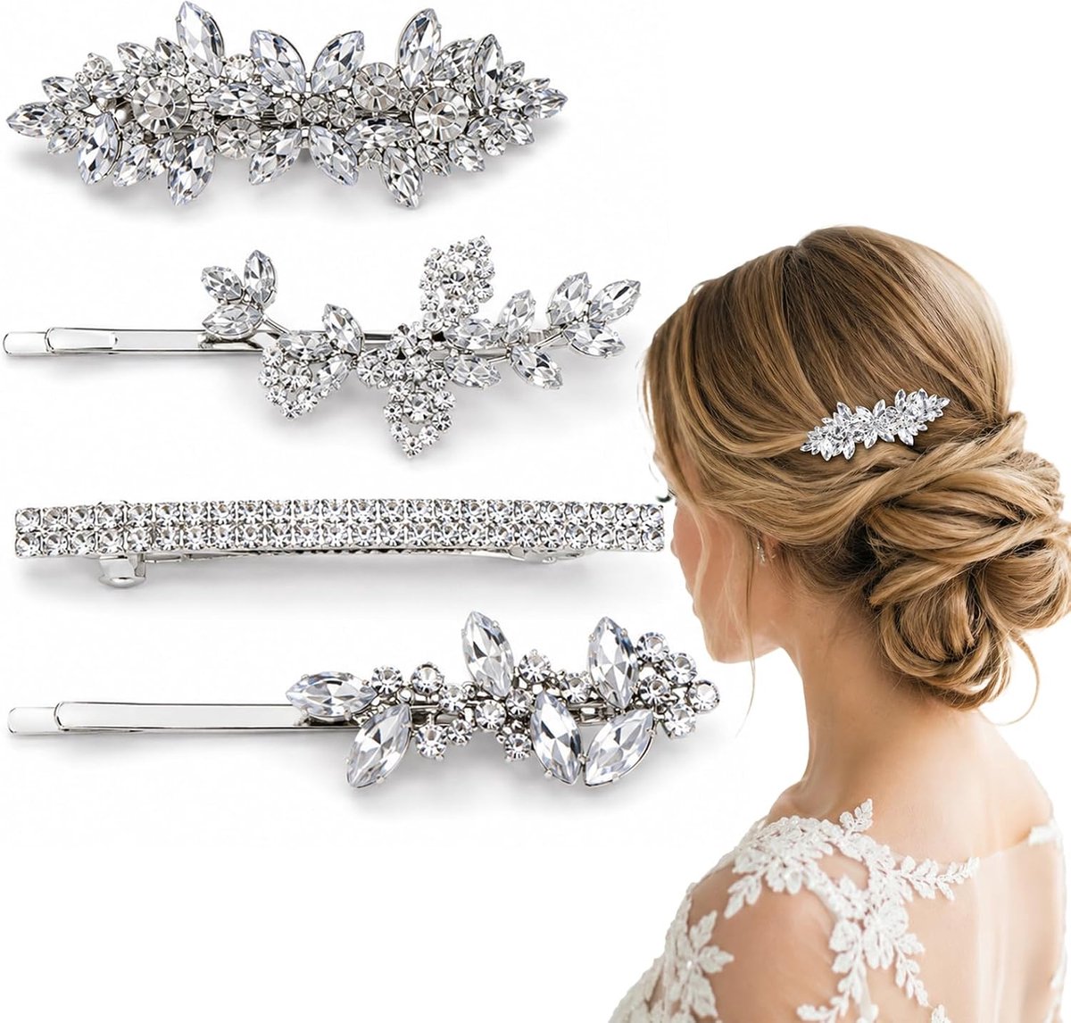 4 stuks zilveren kristallen bloem haarspelden voor vrouwen, sprankelende strass haarspeldjes, elegante haaraccessoires - ShopVlot