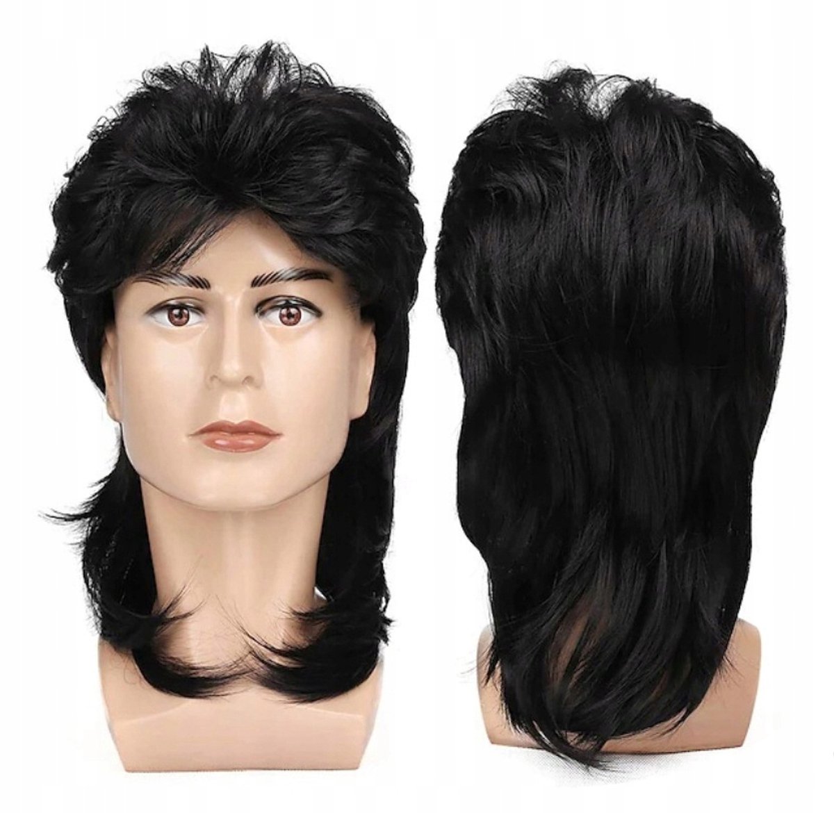 Herren Pruik Zwart - Mullet Stijl - Jaren '70/'80/'90 Retro
