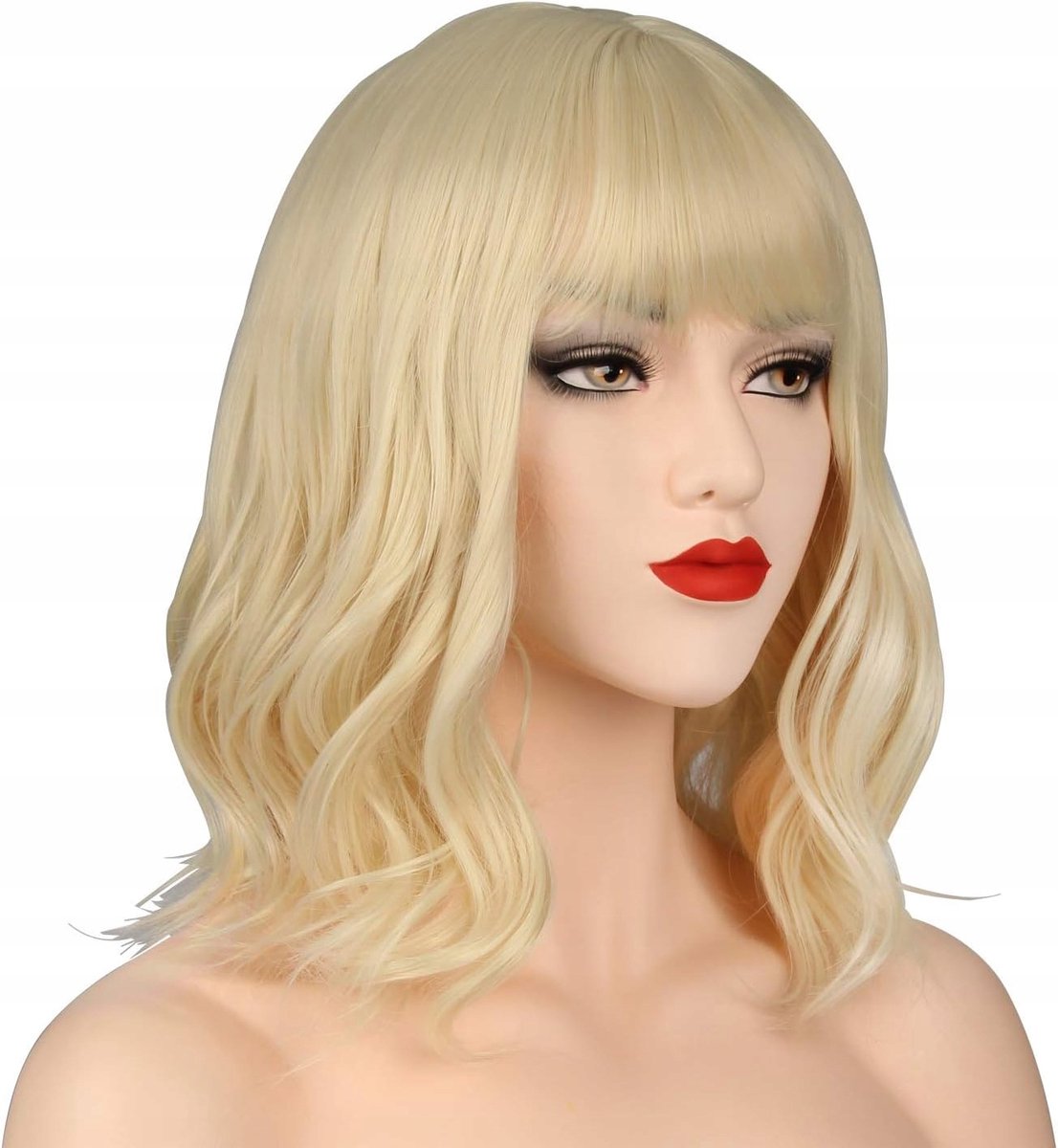 Merkloze Korte Krullende Bob Pruik - Blond, 35cm - Cosplay & Feest