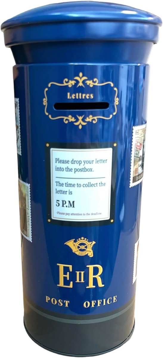 Spaarpot in de vorm van een brievenbus - grote tinnen spaarpot 25 x 10 cm - blauw - leuk cadeau voor sparen - ShopVlot