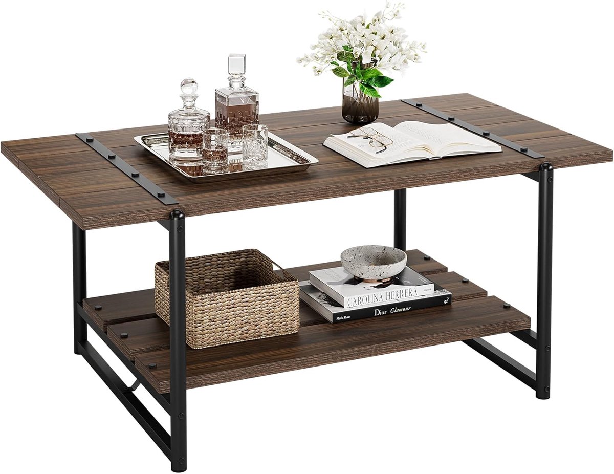 Rechthoekige salontafel met 2 niveaus – Moderne landelijke stijl, grijs hout – Geïntegreerde opbergplank – Rustiek industrieel meubel – voor woonkamer of kantoor