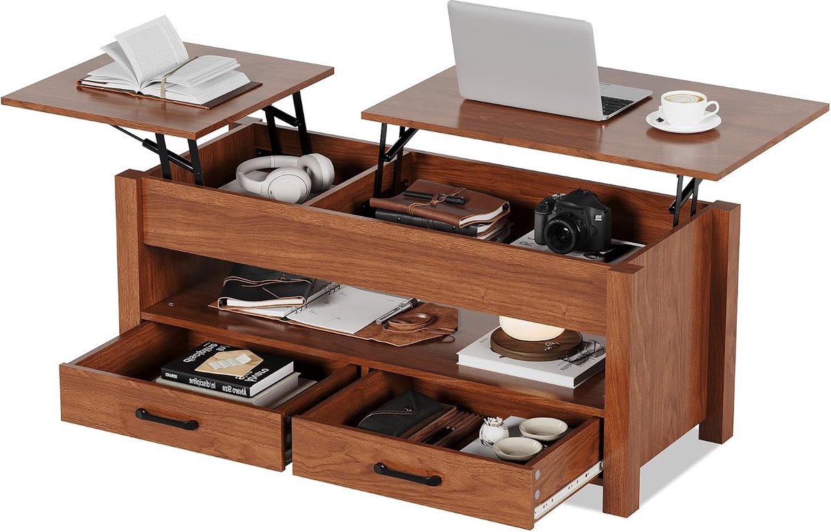 Moderne salontafel met opklapbaar blad, opberglades en een verborgen vak, in hoogte verstelbare houten salontafel voor woonkamer en thuiskantoor