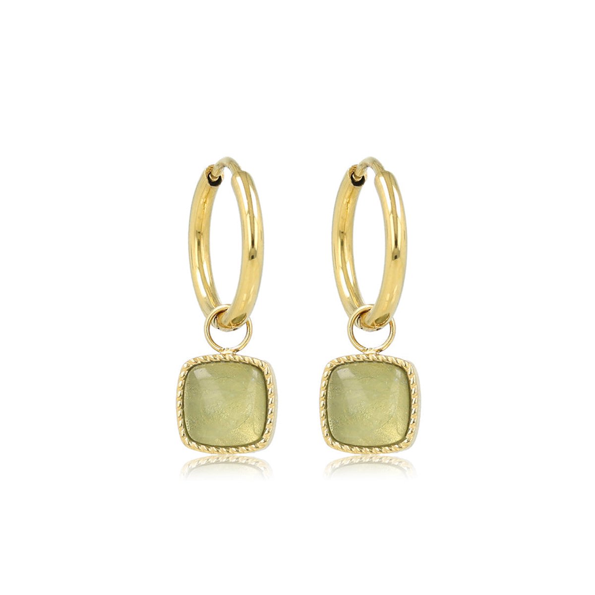 My Bendel - Goudkleurige Oorring met Vierkante Hanger van Green Fluorite - met Luxe Cadeauverpakking | Sieraden Voor Dames