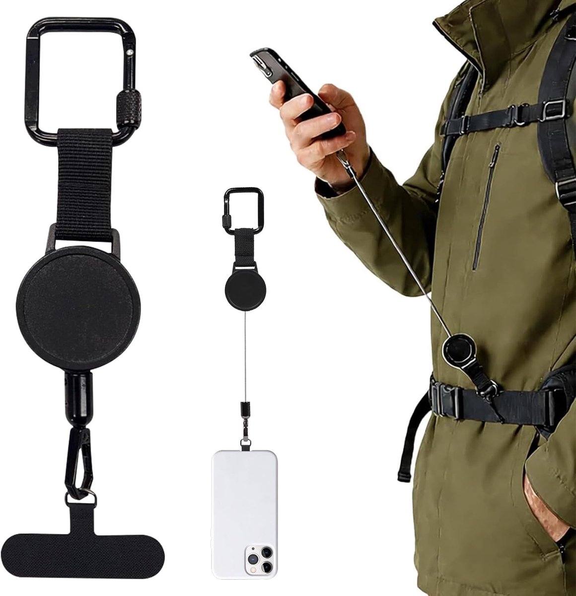 Intrekbare telefoonband met diefstalbeveiliging en metalen haak en 360° metalen houder voor outdooractiviteiten zoals - ShopVlot