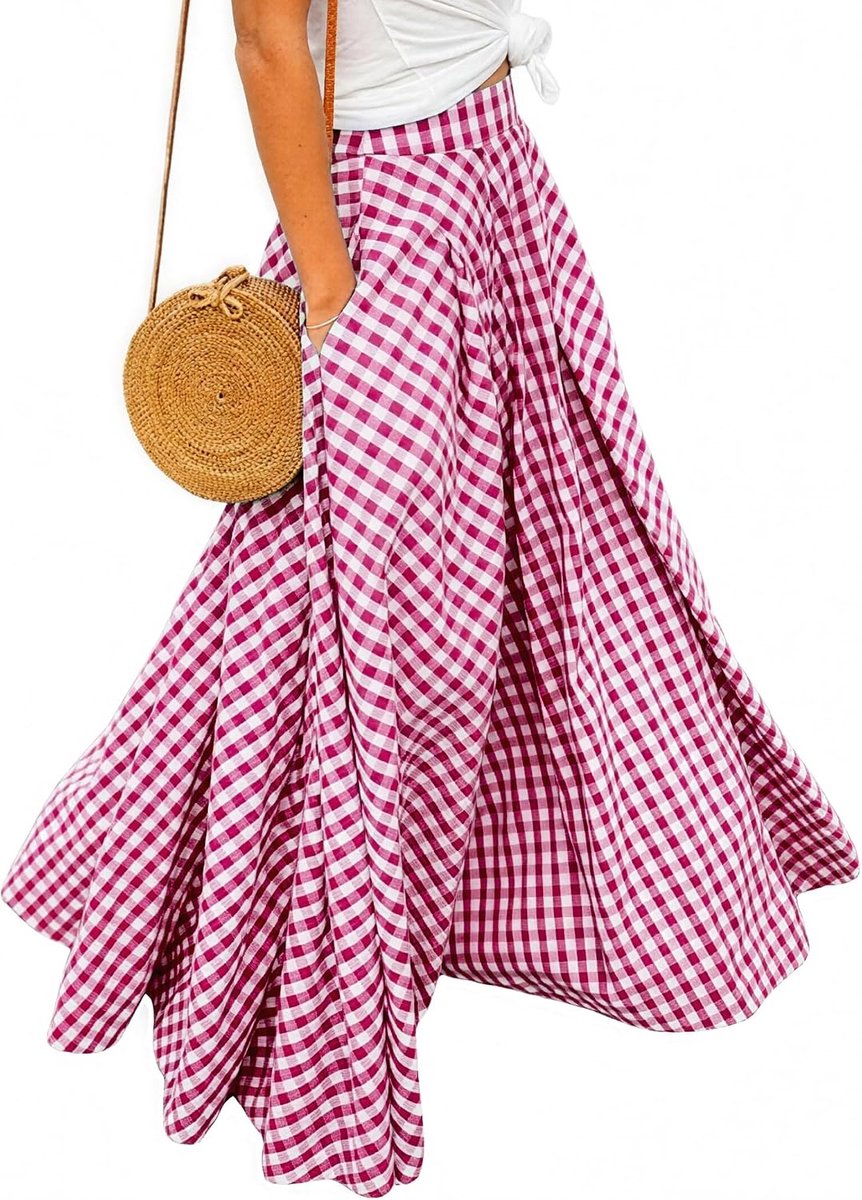 Long Pants Women Check High Waist Maxi Beach A-Line Skirt with Side Pockets - ShopVlot