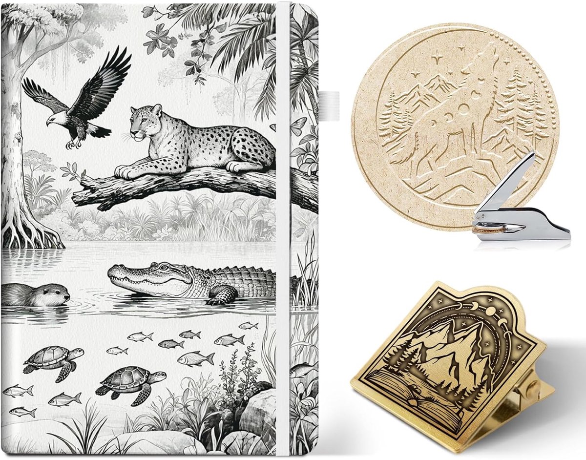 ANATTASOUL Boos en dieren thema set van boekenembosser, A5-notitieboek en vintage reisdagboek clip metaal decoratieve - ShopVlot