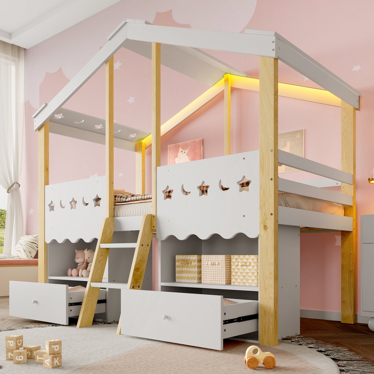 Zubaliya Hoogslaper - 90 x 200 cm - 1-persoons - met opbergruimte - met LED-verlichting - met ladder - Wit en Naturel