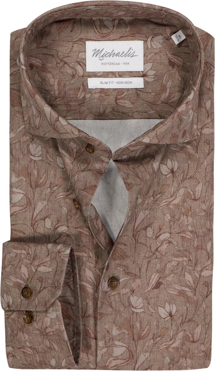 Michaelis slim fit heren overhemd - twill - bruin dessin - Strijkvrij - Boordmaat: 42 (EU maat: L)