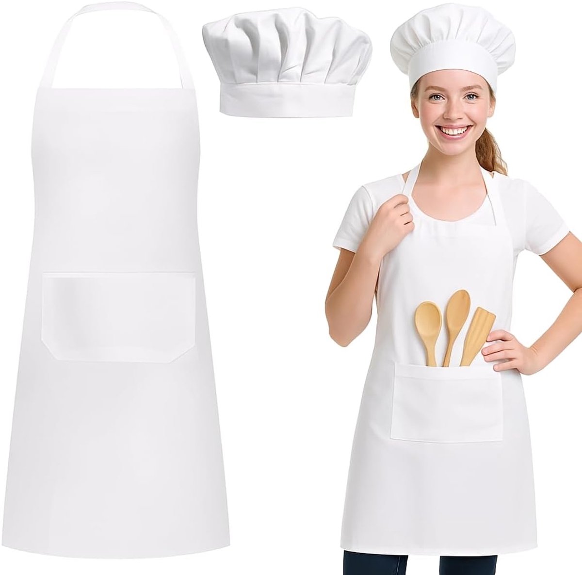 Chef Apron with Cooking Hat, Adjustable Kitchen Apron for Barbecue, Cooking, Baking, Gardening, Restaurant - ShopVlot