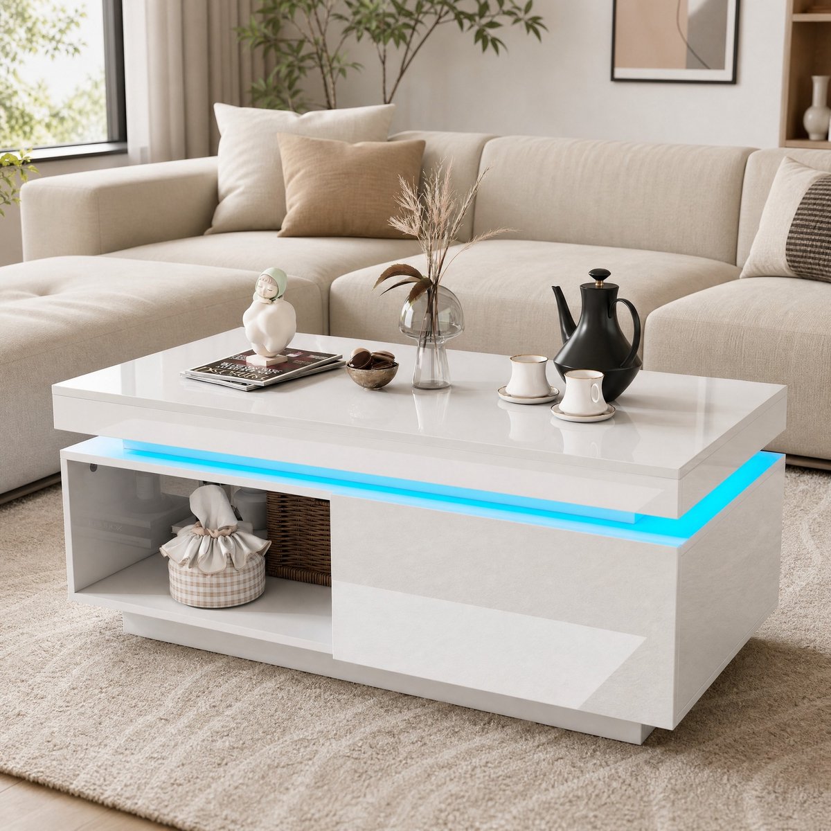HAUSS SPOLE Tv Meubelset Met Salontafel - Hoogglans En Ledverlichting - Voor Woonkamer - Wit - Spaanplaat - 100 X 50 X 40,3 Cm