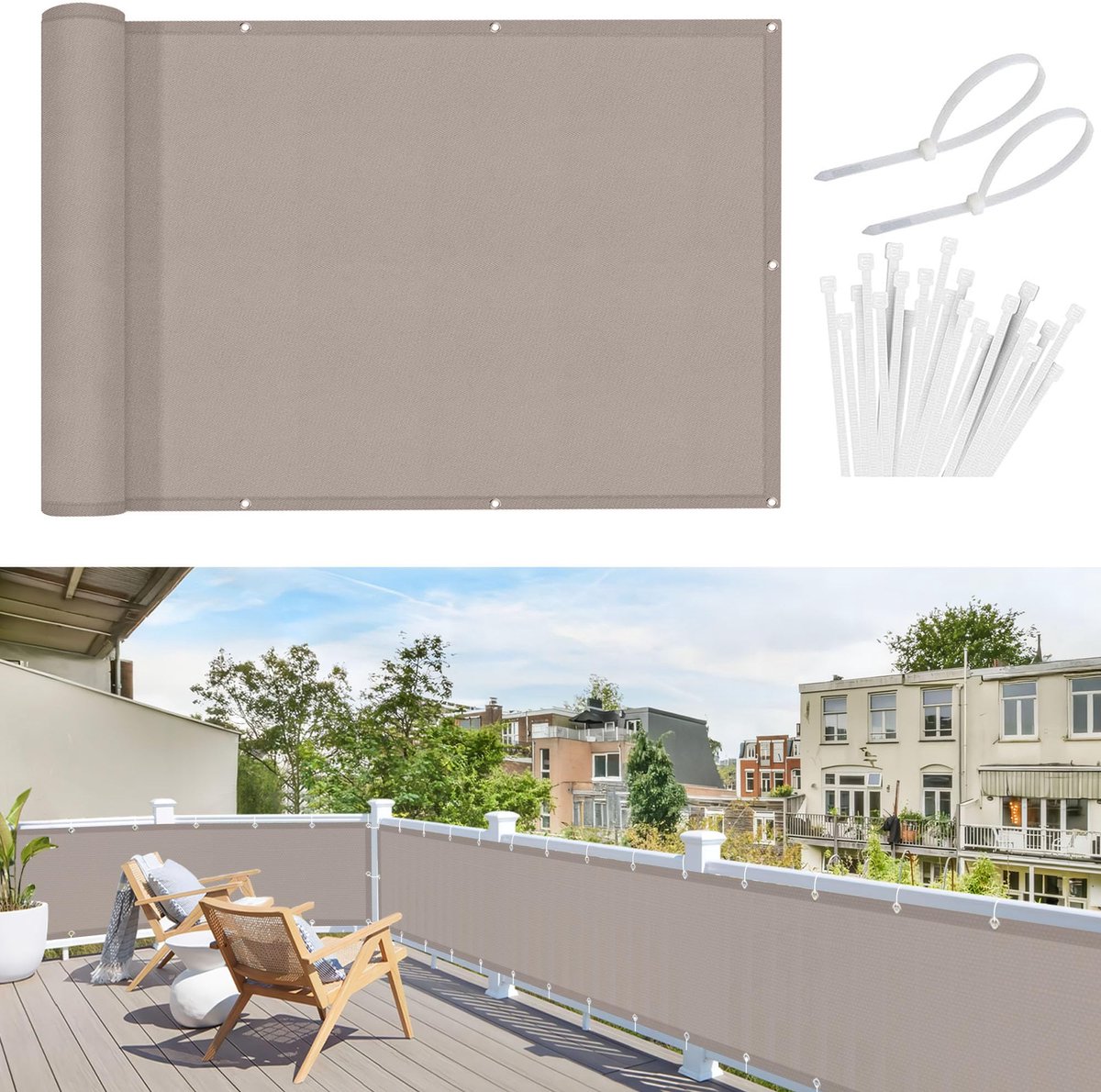 Sunnylaxx Balkonschercm,PES 75x300cm Inkijkbeschercming,Balkonafdekking Waterdicht,Windscherm,UV-bescherming,Taupe - ShopVlot