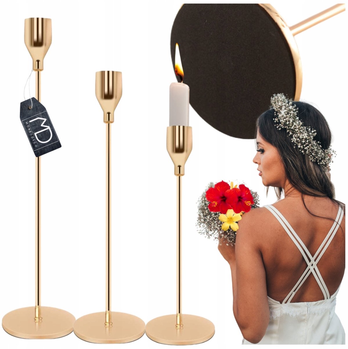 Set van 3 Goudkleurige Metalen Kaarsenstandaards - Glamour Decoratie