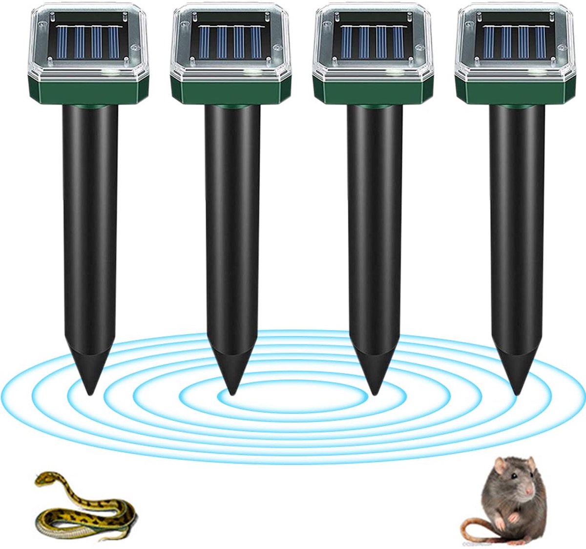 4 stuks Zonne-energie ultrasone dierenverjager - muizenverjager - ultrasone insectenverjager - Molafweer - waterdichte buitenverjager - vierkante muizenverjager - geschikt voor muizen, knaagdieren en slangen - groen