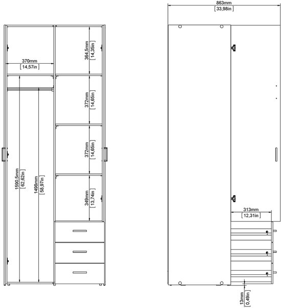 Technische tekening van een witte kledingkast met afmetingen 863x313x1590.5mm.