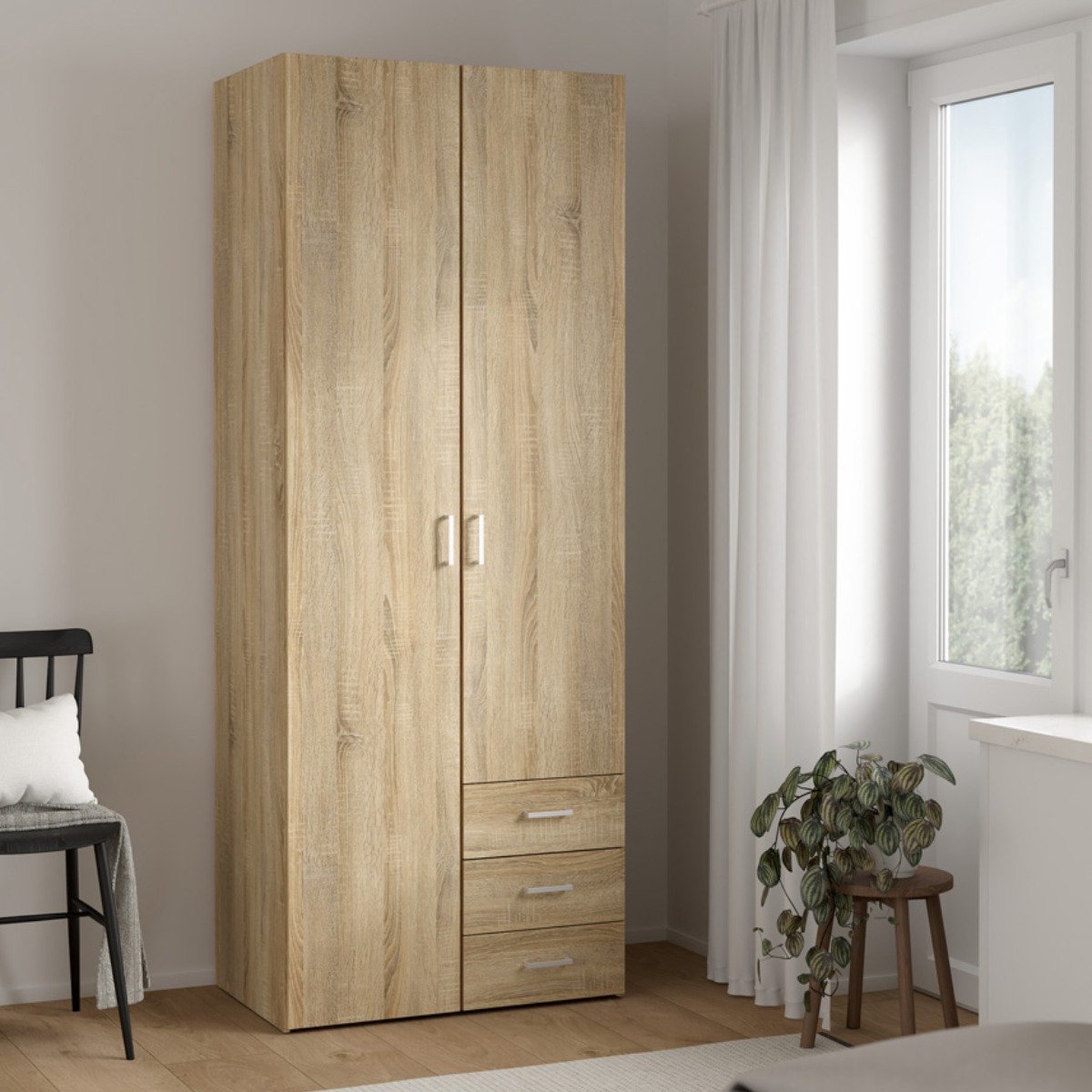Kledingkast Slaapkamer Naturel - 2-deurs met 3 lades - MDF - 77,6x50x200,4cm