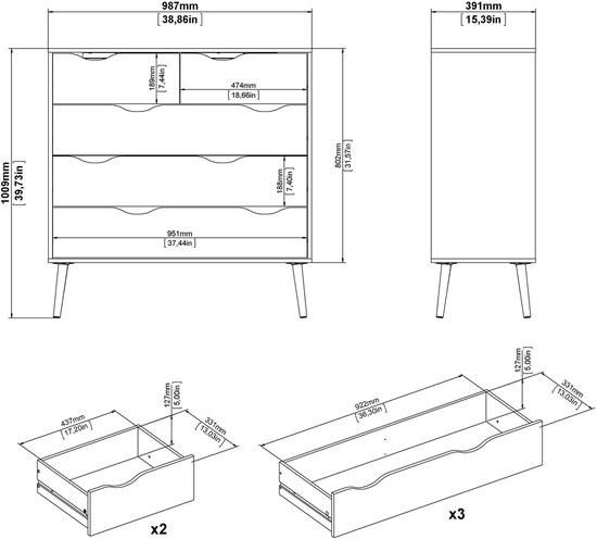 Technische tekening van een ladekast met afmetingen en materiaalaanduidingen.