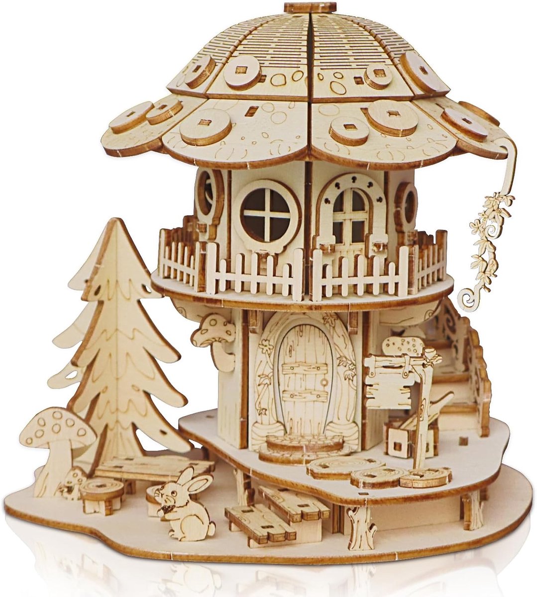 3D houten puzzel volwassenen - paddenstoelenhuis bouwpakket - creatief knutselmodel - sfeervolle huisdecoratie - ShopVlot