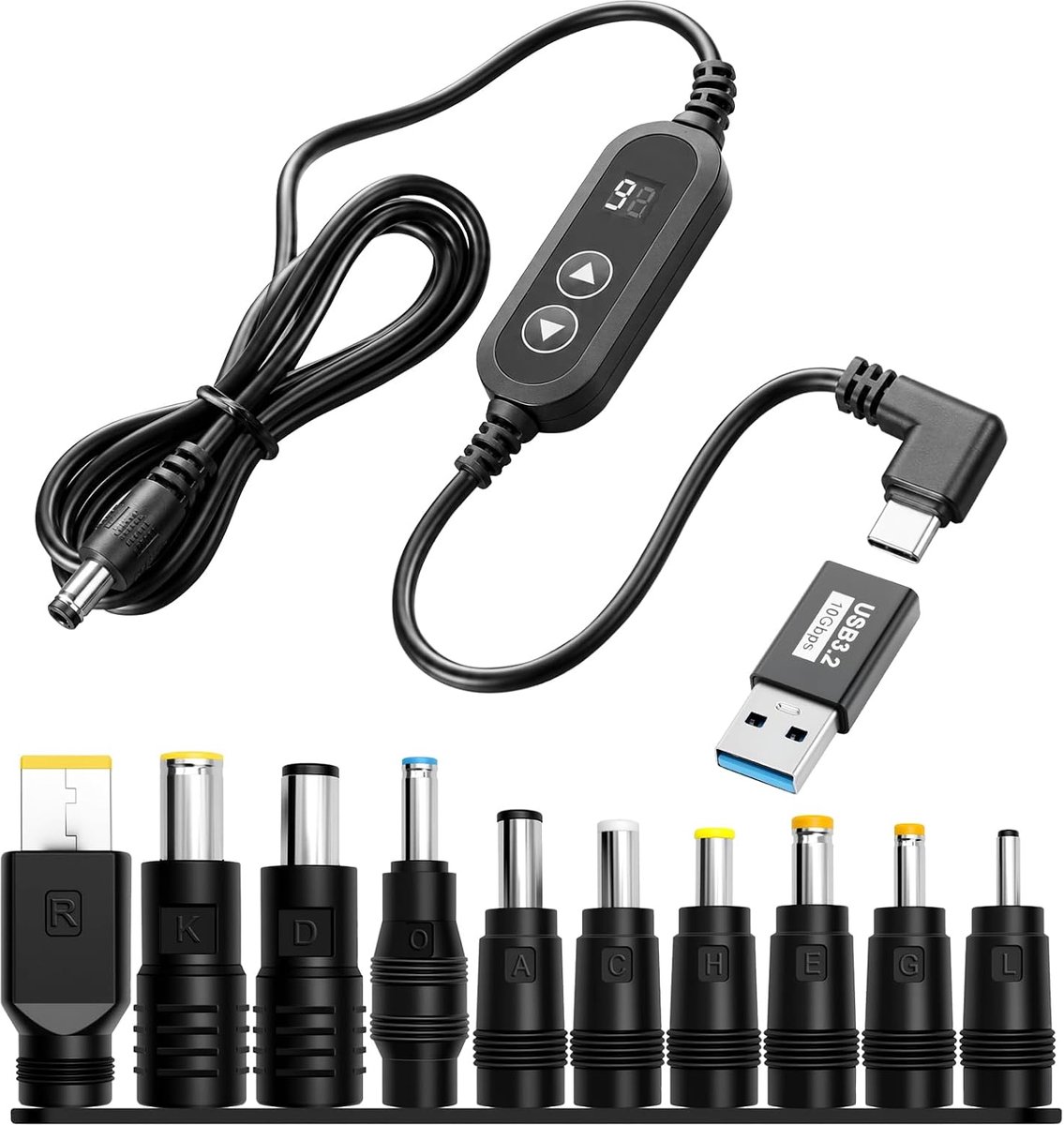 USB-C PD naar DC adapterkabel 65 W - instelbaar 5 V tot 20 V - 10 DC-stekkers - ideaal voor laptop en router - ShopVlot