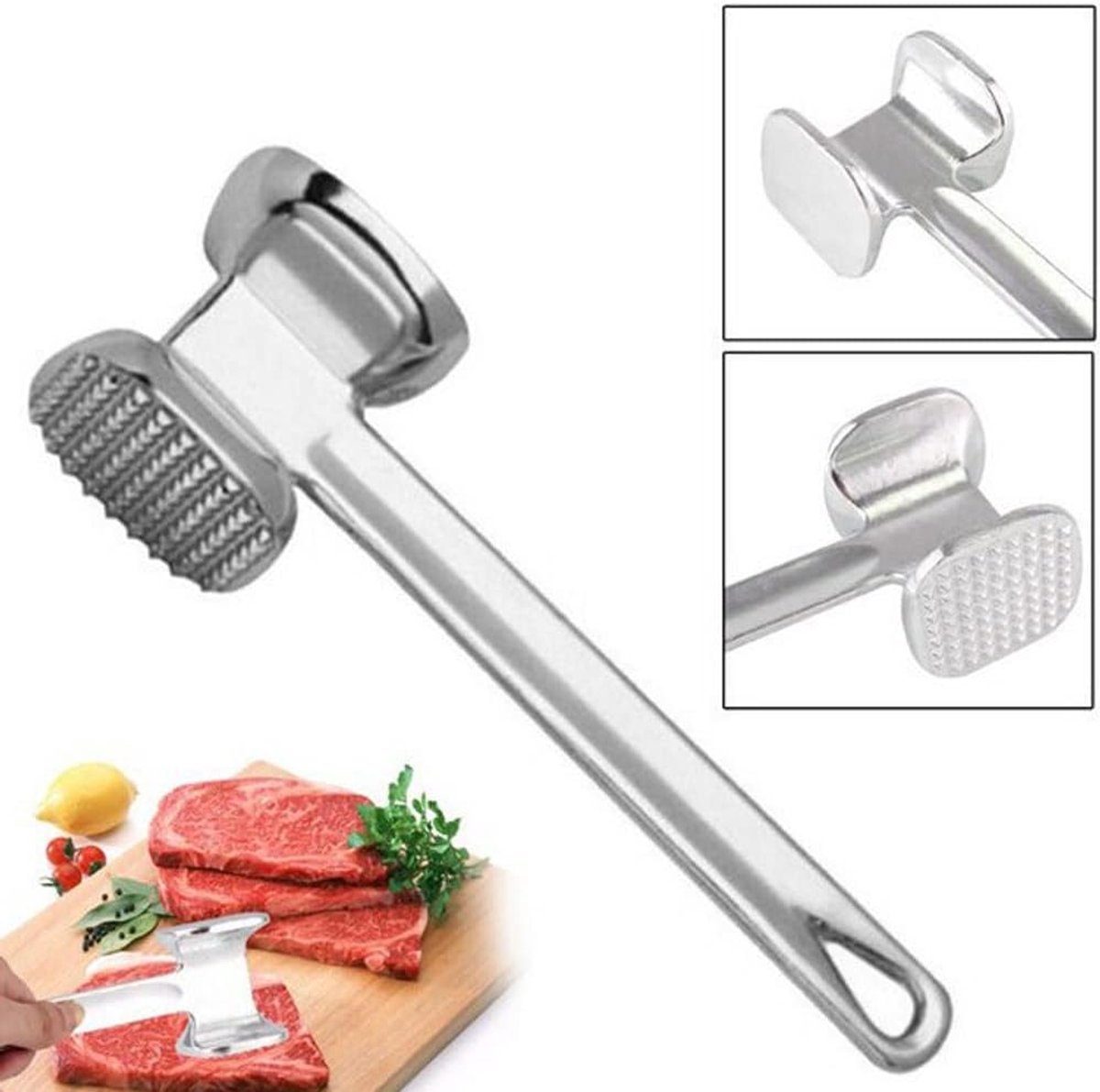 Dubbelzijdige Vleeshamer voor Keuken en BBQ - Zilveren Klopper voor Kip en Rundvlees - Hoogwaardige Malse Hamer 19x4,5 cm met Ergonomisch Handvat