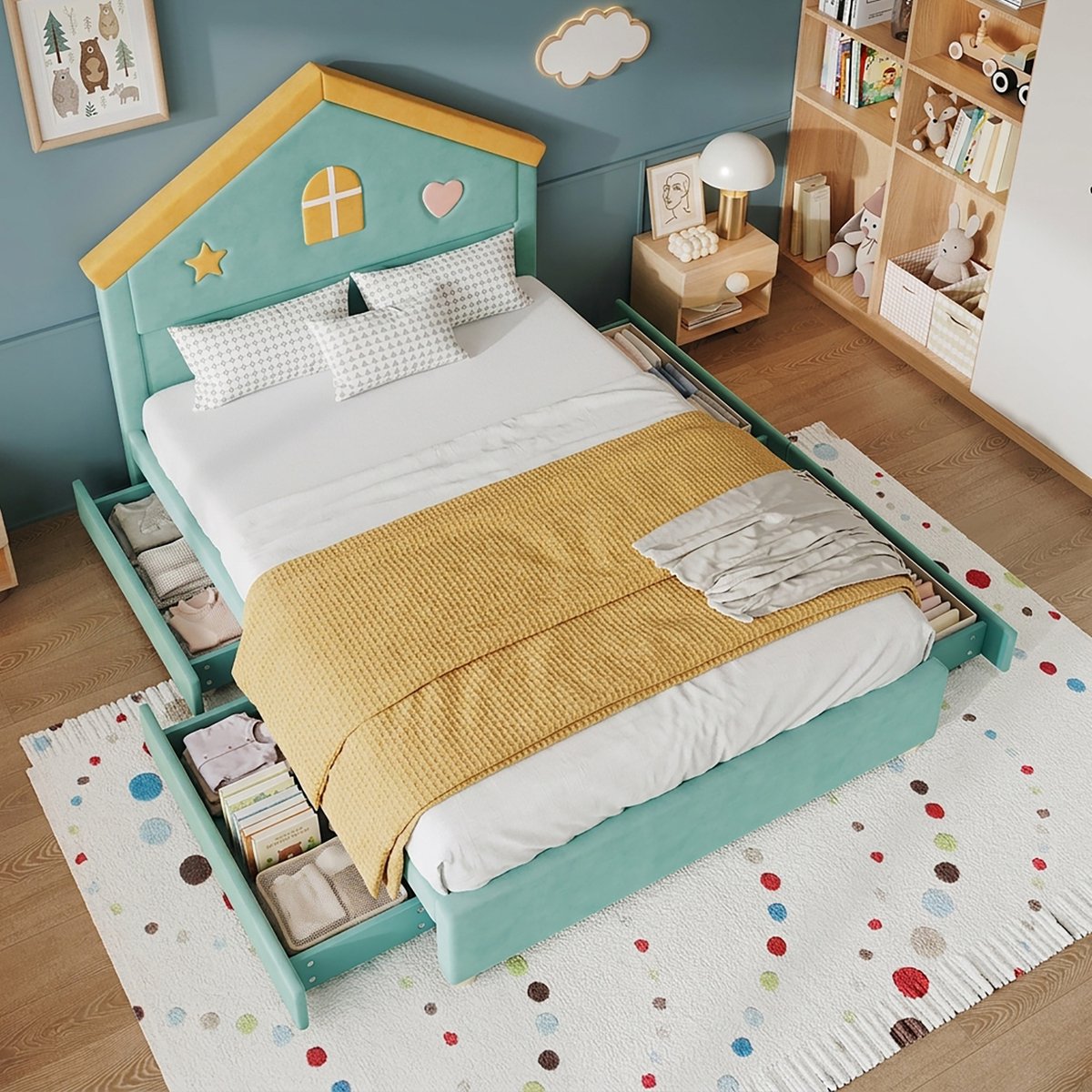 FloraGrace Kinderbed 140x200 cm - Huisbed Met Opbergruimte En 4 Lades - Franse Fluweel - Blauwgroen - Zonder Matras