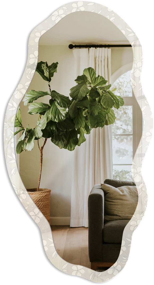 TULUP Bloemenpatroon Spiegel - Grijs Stijlvolle Wandspiegel - Organische Spiegel - Slaapkamer, Woonkamer, Badkamer - Minimalistisch - 45x90 cm - Totale afmeting 52x97 cm Bloemenmotief, Grijs