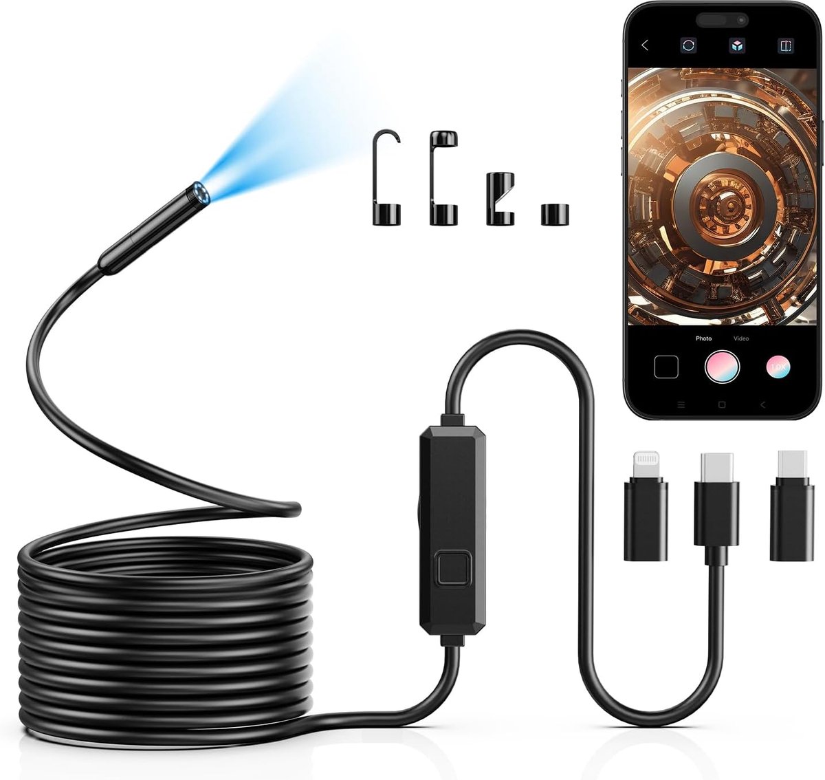 Endoscoopcamera – Inspectiecamera met 8 mm Sonde en 5 m Halfstijve Kabel – 2 MP Endoscoop voor Smartphone met 8 leds – IP67 Buiscamera voor Android & iOS – Kanaalcamera en Slangencamera voor Auto, Leidingen en Afvoer – Enkele Lens