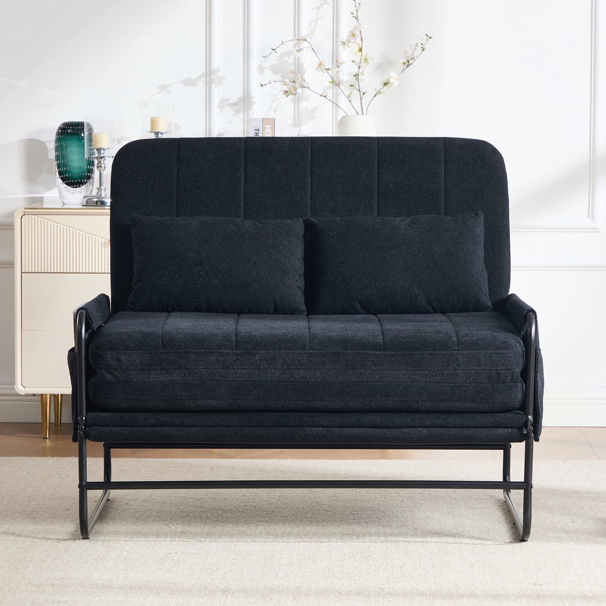 OKWISH Slaapbank 104 x 85 x 92 Cm - 2-Zits Bedbank Met Zijvakken En Metalen Frame - Voor Woonkamer Of Logeerkamer - Chenille - Zwart