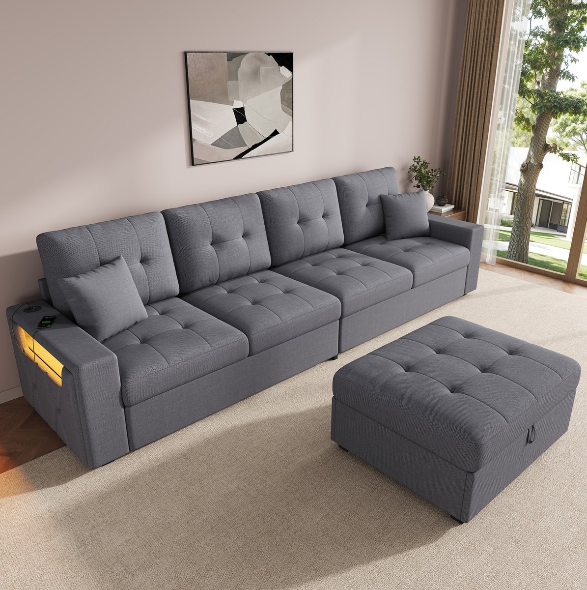OKWISH Hoekbank – 4-Zits Modulair L-Vormig met Vrij Plaatsbare Opberghocker – USB en Type-C Oplaadpunten, LED Verlichting en Opbergruimte – Voor Woonkamer – Linnen – Antracietgrijs