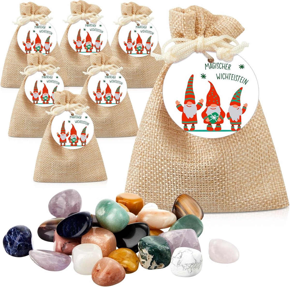 Lucky Stones voor kinderen - 12 stuks - Jute tasjes en ronde hangers - Perfect als feestgeschenk - ShopVlot