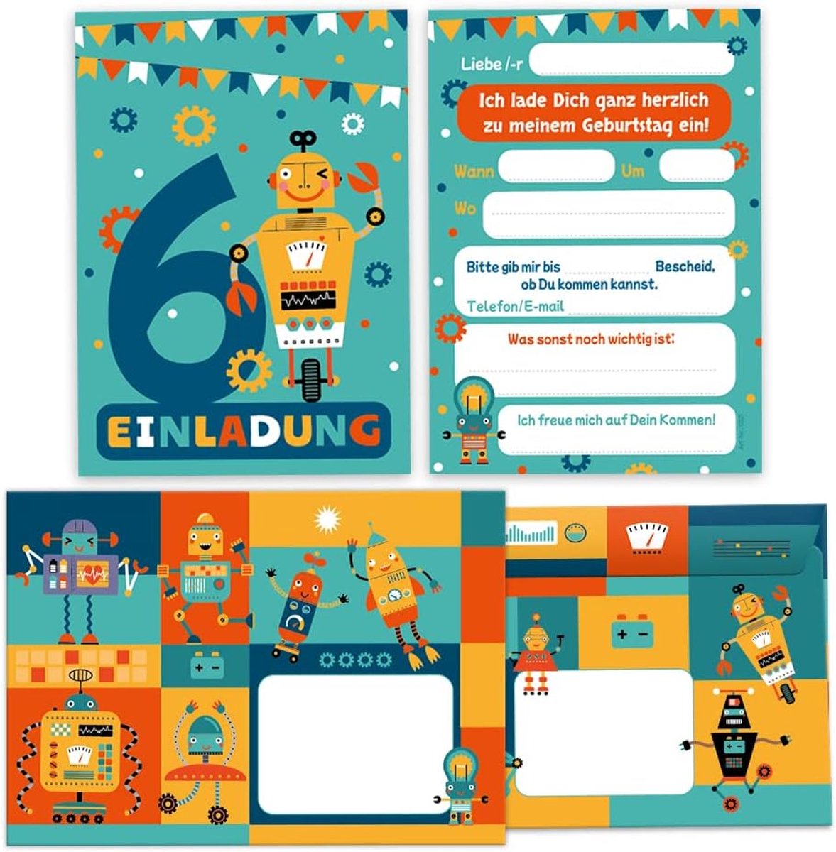 Uitnodigingen voor kinderen 6e verjaardag - Robot ontwerp - 12 kaarten met enveloppen - Perfect voor feestjes - ShopVlot