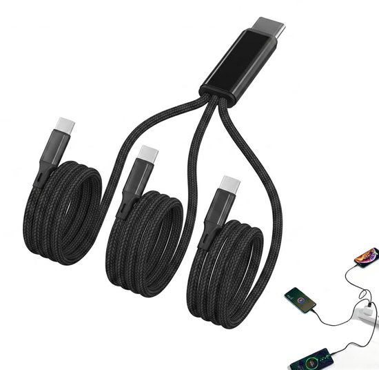 USB C-kabel 3-in-1 1,2 m - triple oplaadkabel - snel opladen - ideaal voor meerdere apparaten - ShopVlot