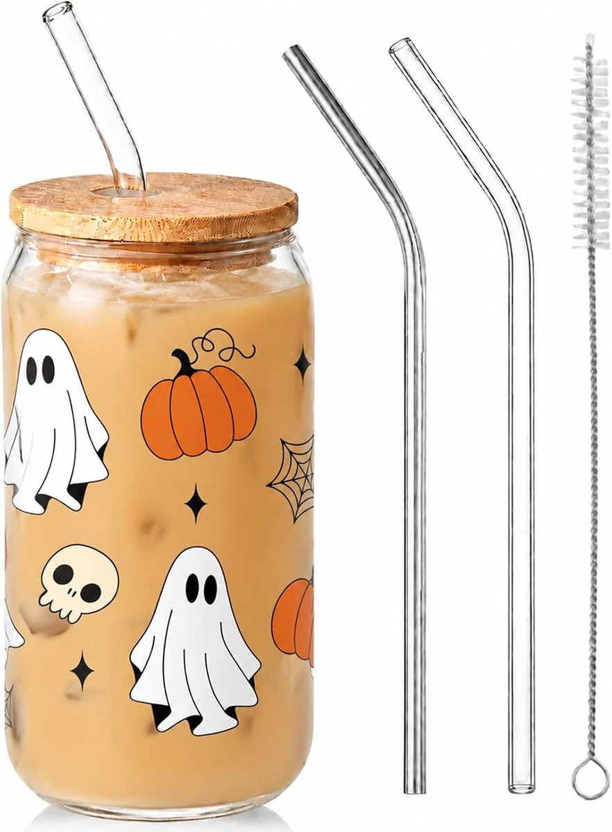 Halloween Beker, Glas met deksel en rietje, Geest(AB) - ShopVlot