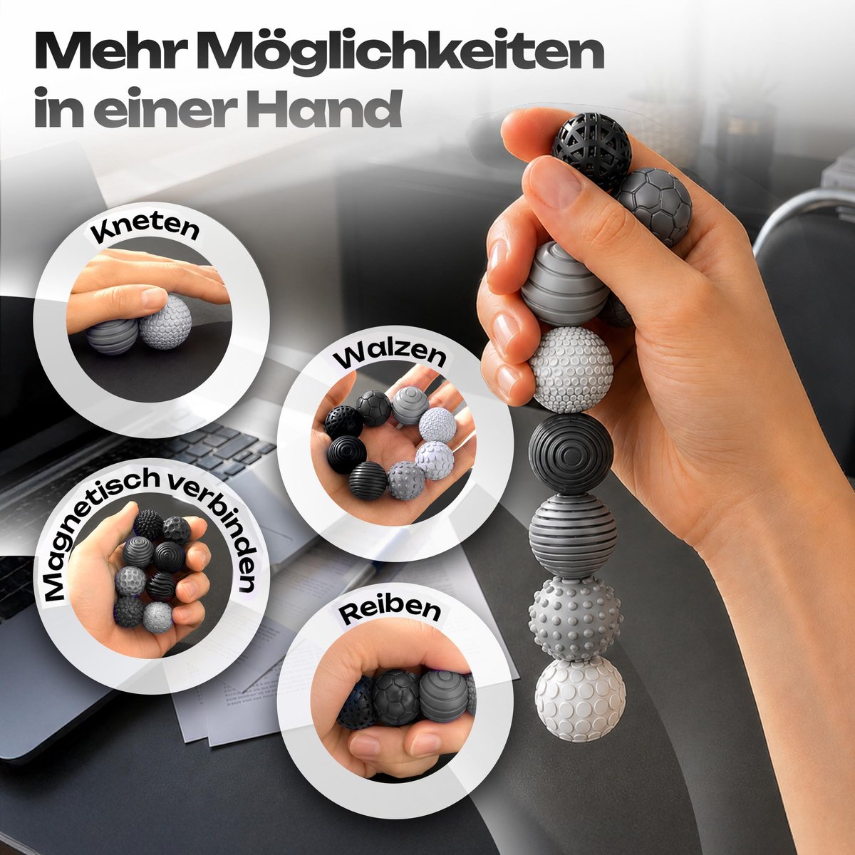 Magnetische anti-stress-ballen voor volwassenen, set van 8, Ø 2,5 cm, grijs - ShopVlot