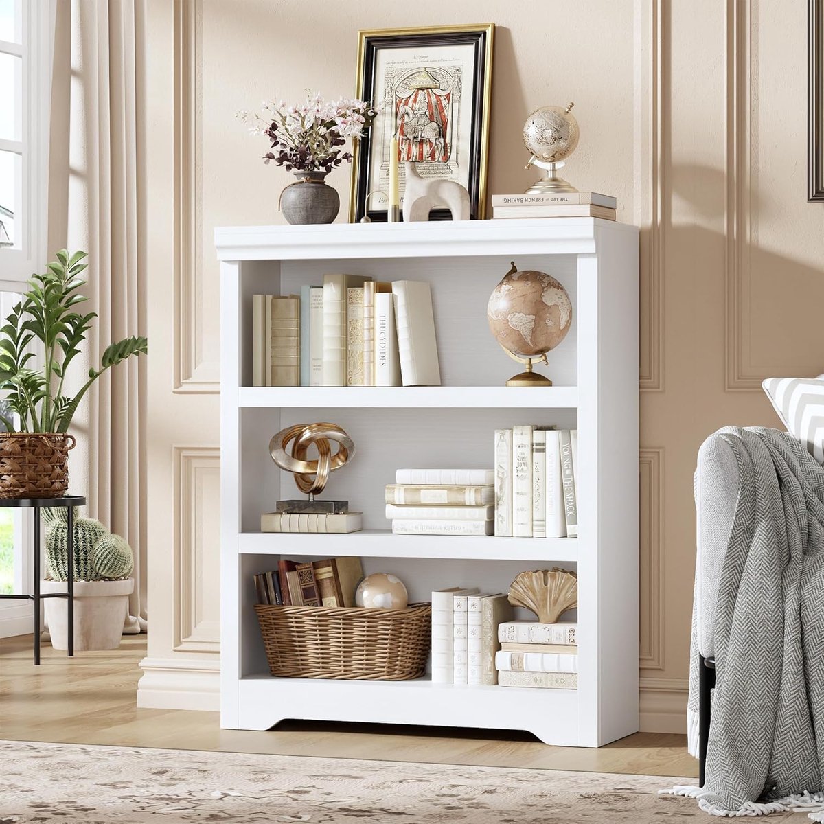 Vintage Boekenkast 3 Lagen - 80x29.5x100cm - Verstelbare Planken - Kantelbeveiliging - Open Opbergkast - Voor Woonkamer Kantoor - Wit