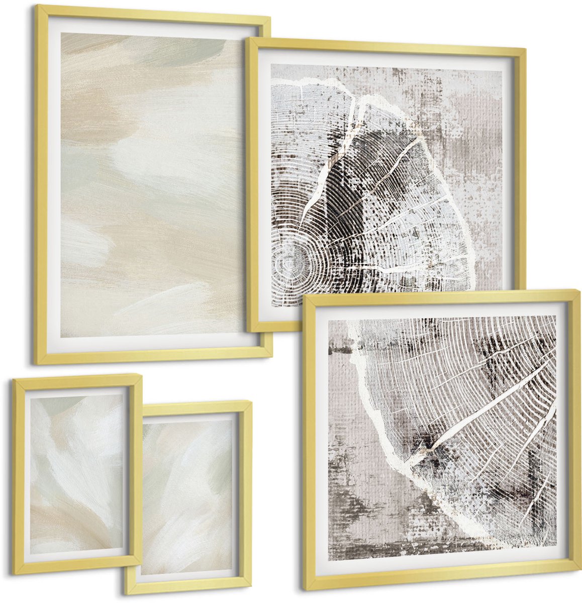 TULUP 5-Delige Schilderij Set - Verftextuur, sporen van verf, minimalisme - 50 x 50 cm, 20 x 30 cm en 40 x 60 cm - Stijlvolle Muurdecoratie - Slaapkamer Gouden lijst