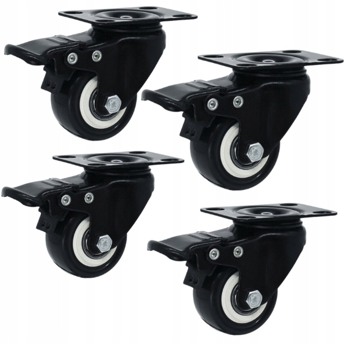 4 Zwenkwielen met Rem 75mm / 70kg - Zwart PVC Plaatmontage