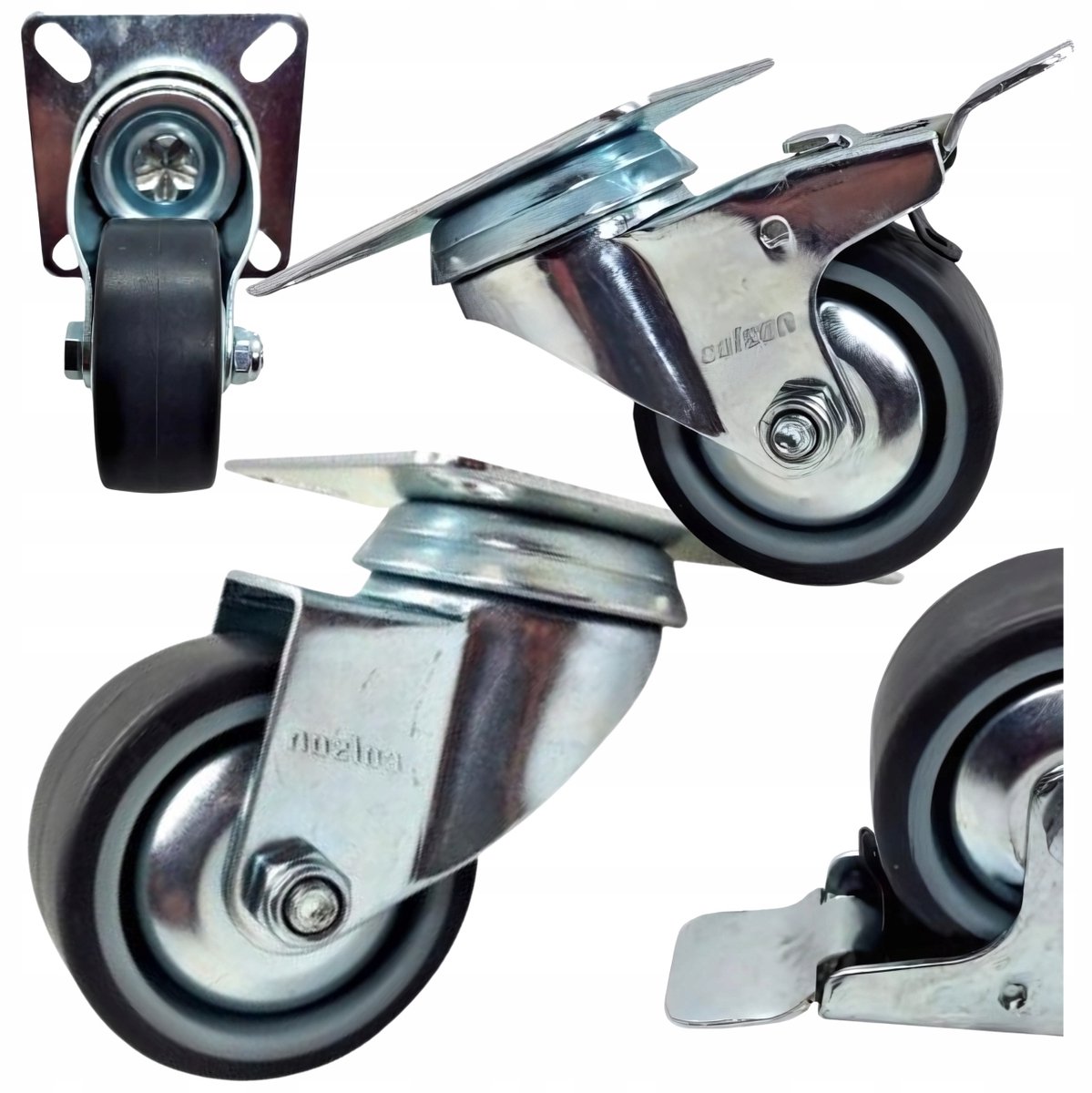 4x Zwenkwielen met Rem 100mm 270kg Thermoplastisch Rubber