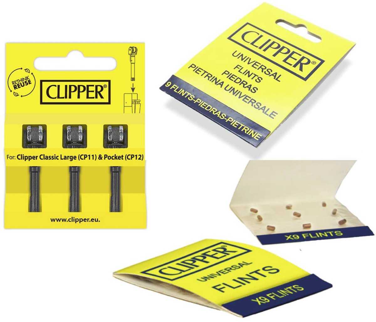 Clipper Navulset met 9 vuurstenen + 3 ontstekingsrollen met steen – met willekeurig geselecteerd origineel OnAir etui - ShopVlot