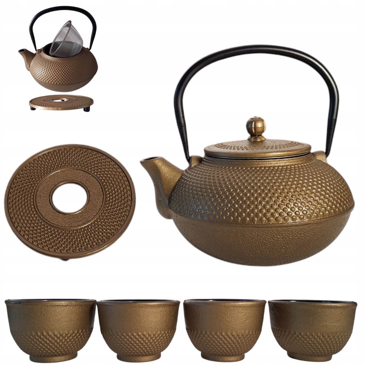 Gietijzeren theepot set 1.5L met 4 kopjes en onderzetter