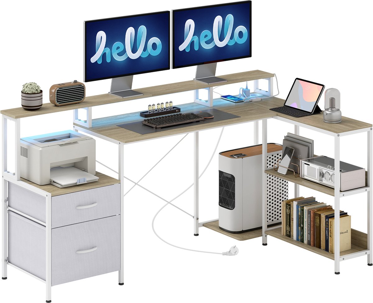 Bureau - Hoekbureau - Computertafel - Omkeerbaar - Bergruimte - Groot - 172 x 100 cm - Wit