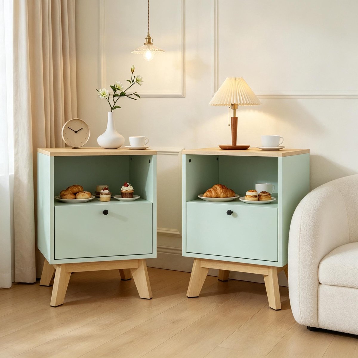 Clruro Nachtkastjes - 40 x 40 x 55 cm - Set van 2 - Lade en Open Vak - MDF - Lichtgroen/Eiken