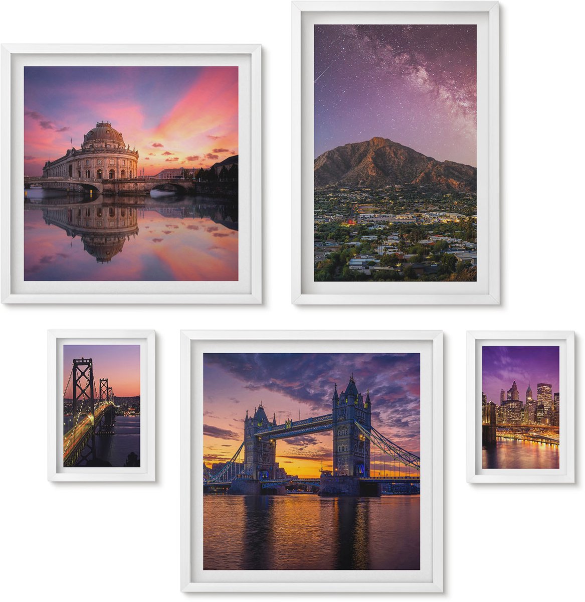 Wallfluent 5-Delige Schilderij Set - Stads- En Berglandschappen 'S Nachts Met Prachtige Uitzichten - 50 x 50 cm, 20 x 30 cm En 40 x 60 cm - Schilderijen Set - Wanddecoratie - Woonkamer - Woonkamer Decoratie